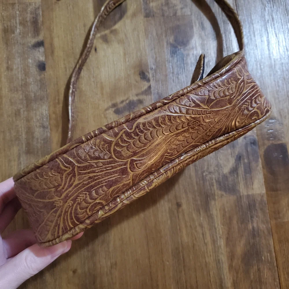 Women's Floral Embossed Western Shoulder Purse - Tan Cognac Brown